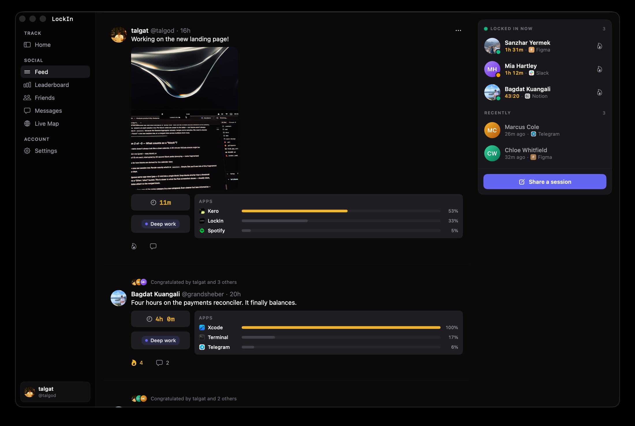 LockIn Feed: friends' shared sessions with a rail of who is locked in right now.