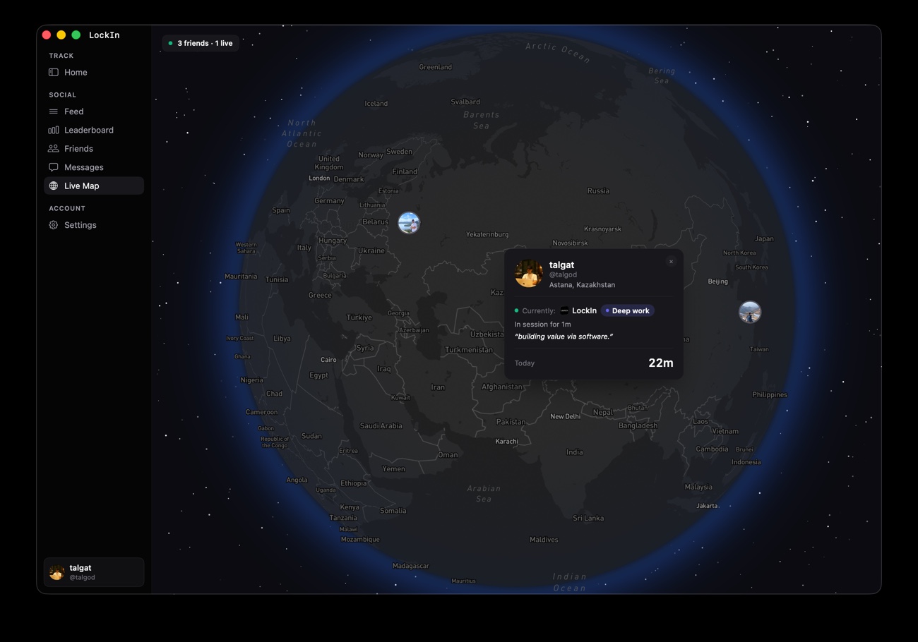 LockIn Live Map: a dark 3D globe with friend pins, and a card showing one friend's current session.
