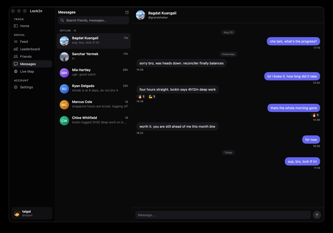 LockIn Messages: a direct-message thread with a friend, alongside the list of conversations.